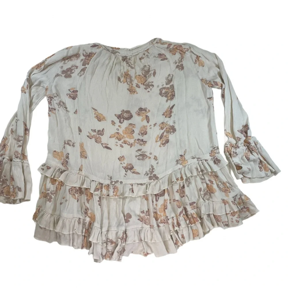 Free People Peasant Blouse Floral Gauze Ruffle Trim Beige Size Small Women - Picture 6 of 6
